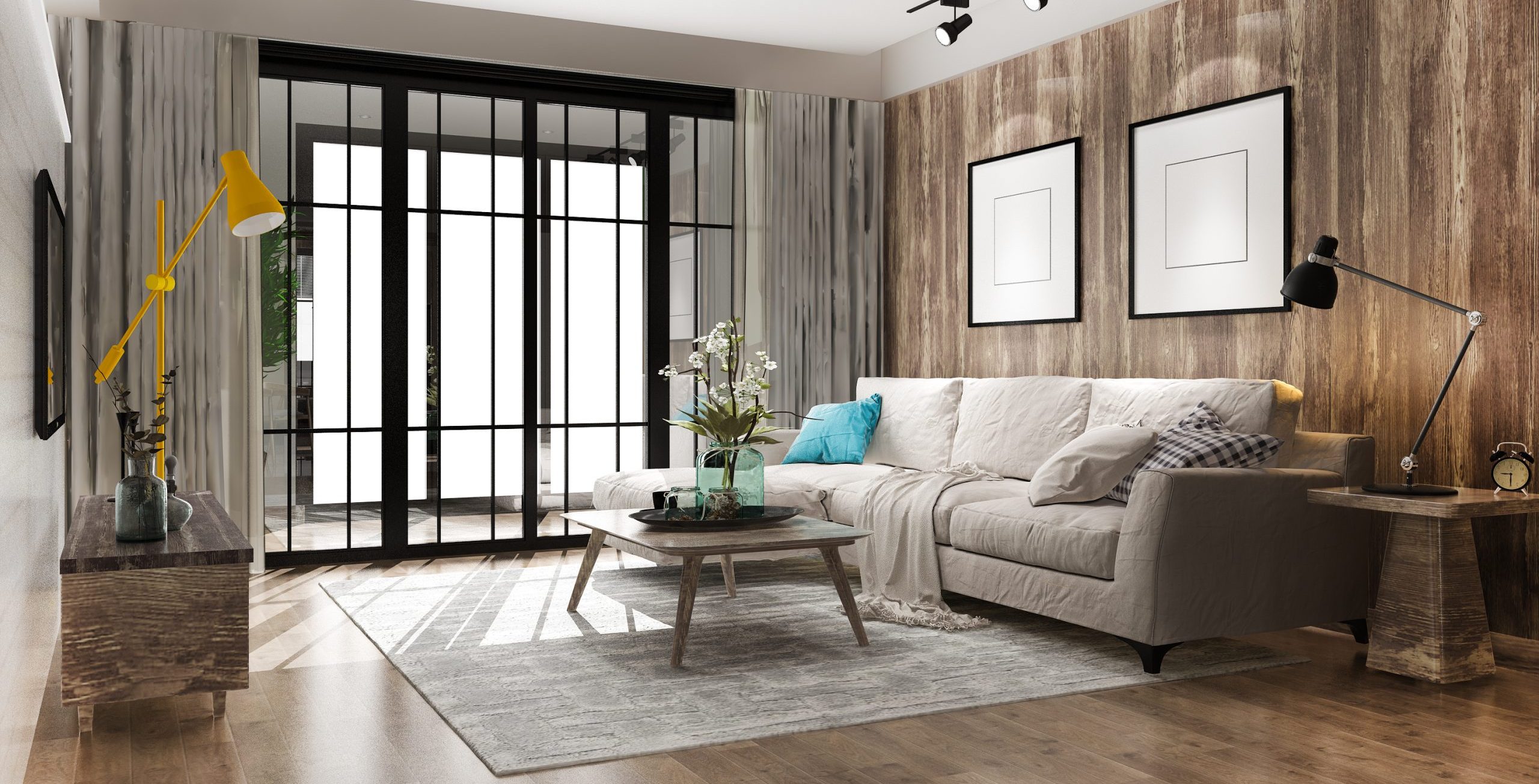 3d rendering loft luxury living room with bookshelf
