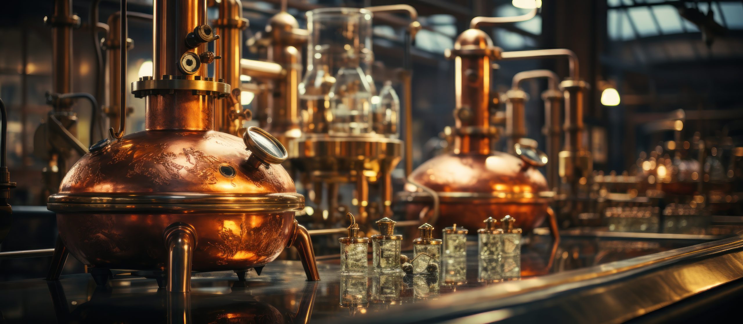 Equipment for brandy production in an industrial setting.