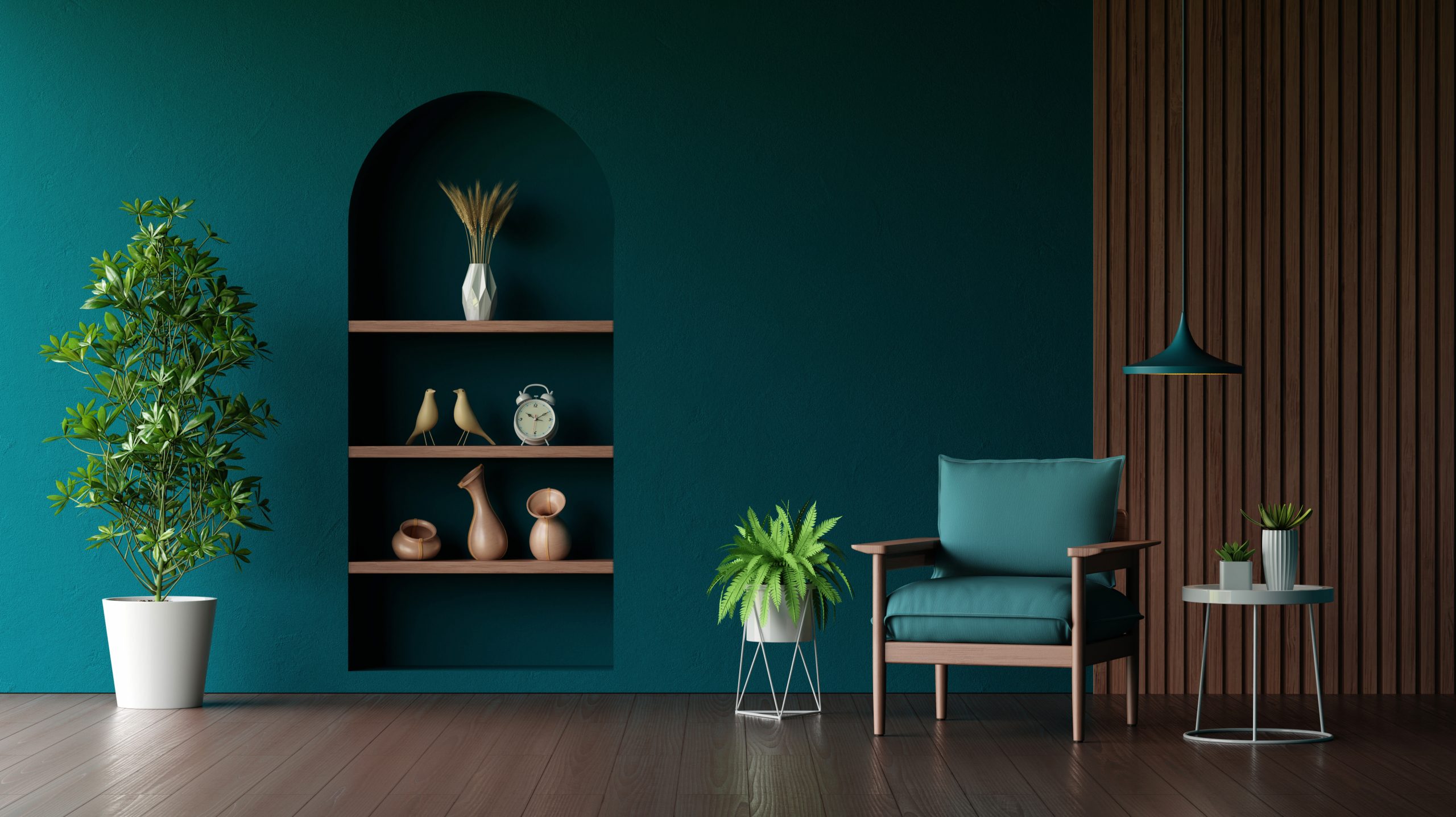 Armchair in green living room with copy space for mock up, 3D re